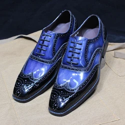 Luxury Men's Oxfords Genuine Patent Leather Brogue Blue Lace Up Wingtip Dress Shoes for Men Office Wedding Party Formal Footwear