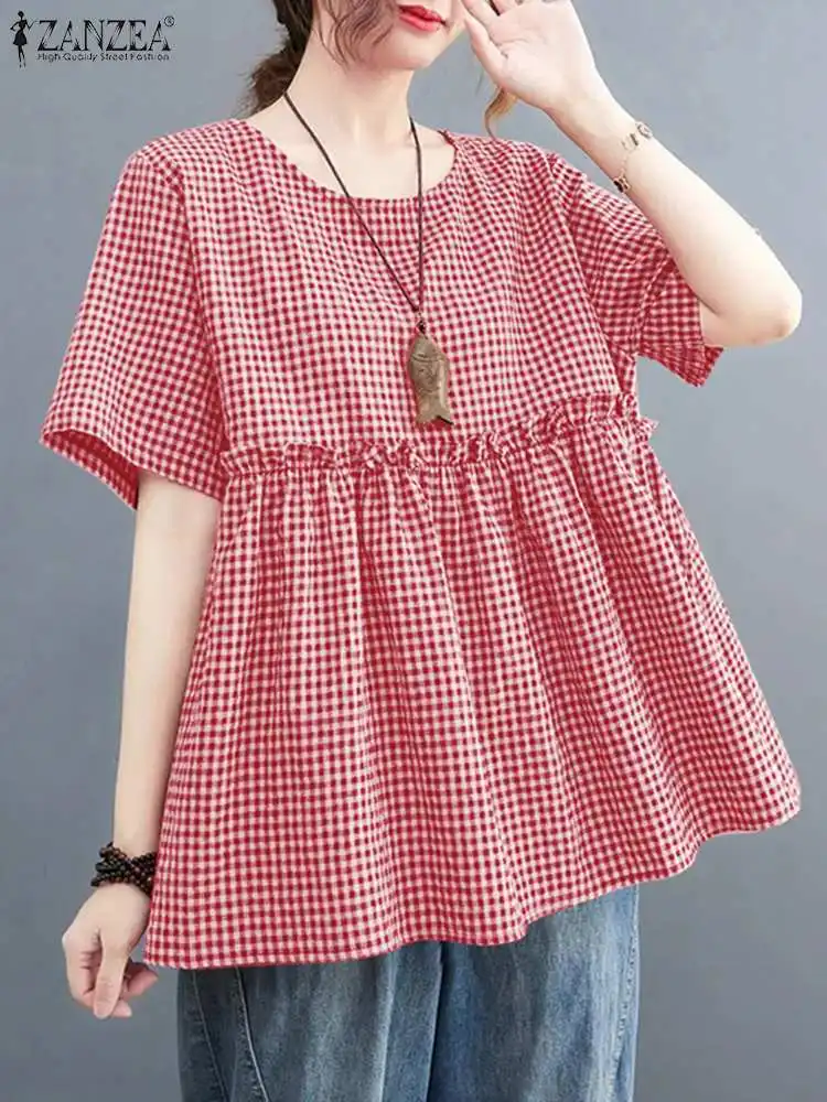 ZANZEA Summer Plaid Checked Blouse Vintage Women O Neck Short Sleeve Shirt Casual Loose Ruffles Tops Tunic Female Work Blusas