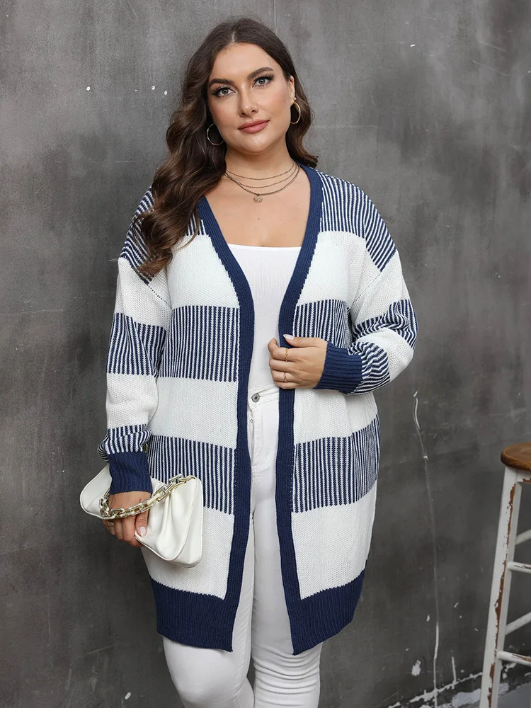 GIBSIE Plus Size Women\'s Cardigan Contrasting Color Striped Open Front Knitted Sweater Fall Winter Casual Long Cardigan Coat