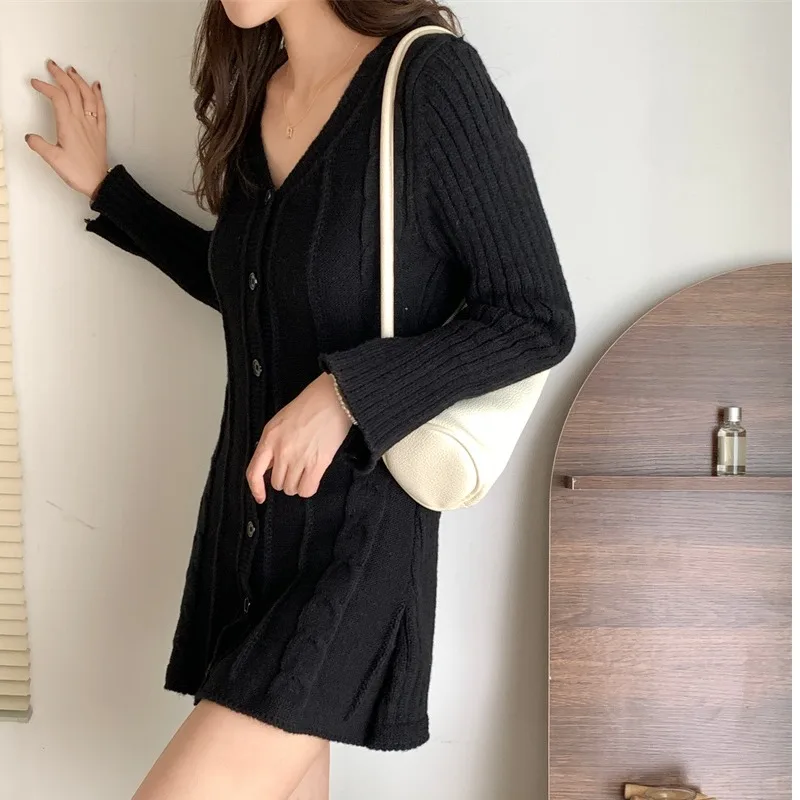 Slim Fit V-Ne Long Sve Knitted Dr Women's Single Button Twist oulder Base Layer Wrap around Skirt Dr