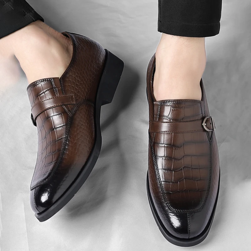 

Mens Brown Burnished Crocodile Embossed Leather Monk Strap Slip On Formal Business Office Wedding Groom Dress Shoes Fashion