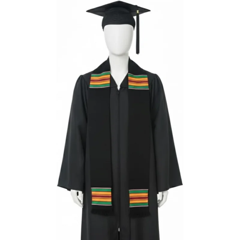 

African Kente Cloth Graduation Stole - Black with Multicolor Stripes