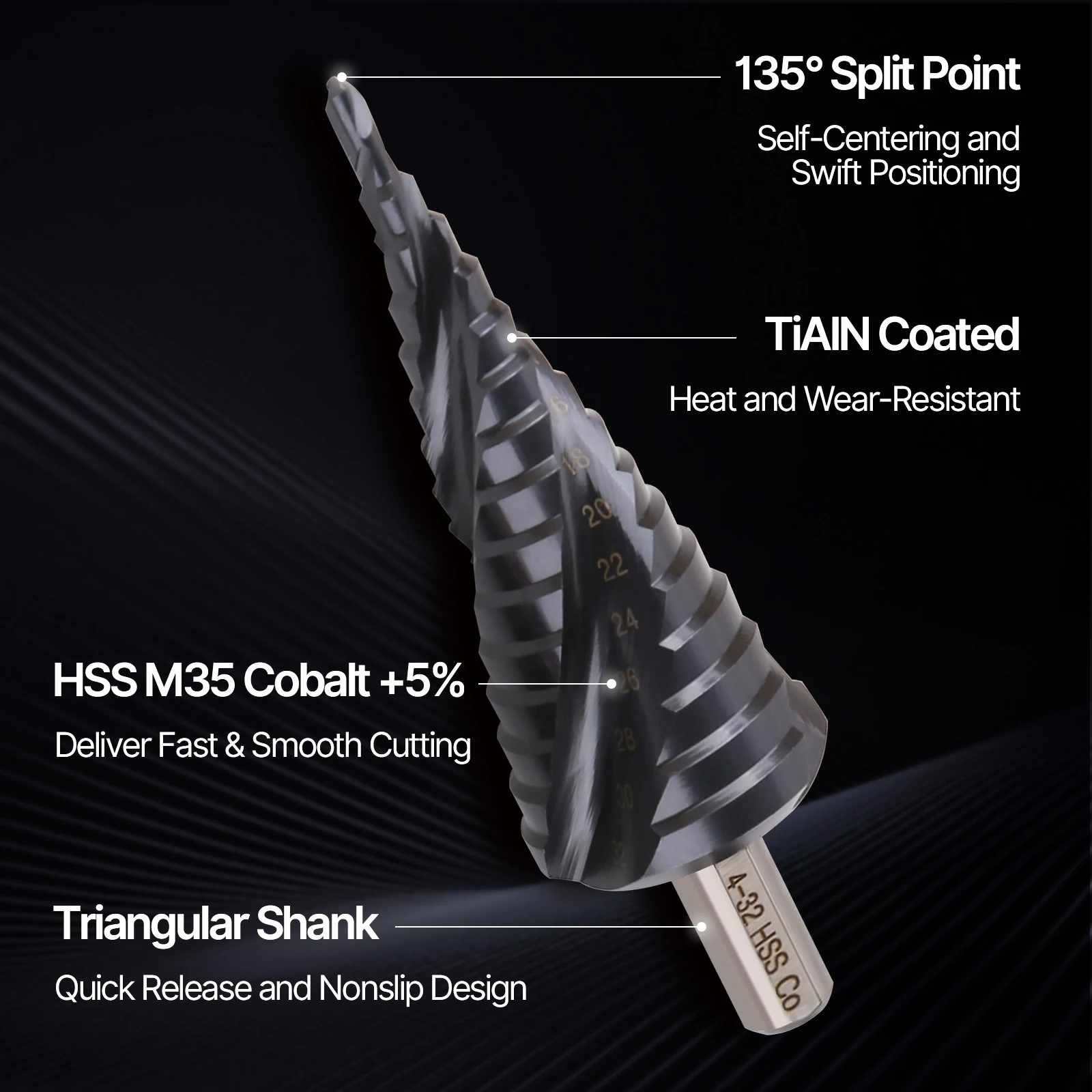 HSS M35 Кобальтовое ступенчатое сверло TiAlN, спиральное сверло из высокоскоростной стали для металлического конуса, треугольного хвостовика, сверло по металлу 4-12/4-20/4-32 мм