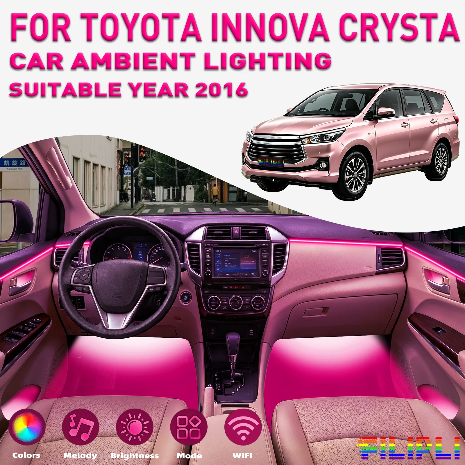 For TOYOTA Innova Crysta 2016 6 Lights Kit 256 Colors RGB 6 in 1 Hidden Acrylic LED Strip Color Freeze Lock Neon Light Strip Static Color Hold Setting Auto Interior LED Decor Modification Supplies