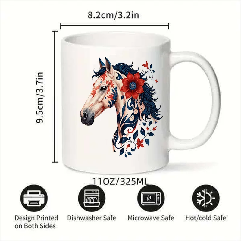 Horse Head With Red Flower Colorful Print Ceramic Coffee Mug 11oz 350ml Personalized Custom Cute Aesthetic Mug Microwave Safe Bi