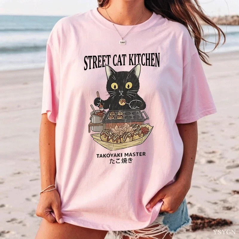 Street Cat Kitchen T-shirt Men Women Funny Japanese Style Cat Printed Tshirt Y2k Clothes Man Summer Short Sleeve Tees Tops