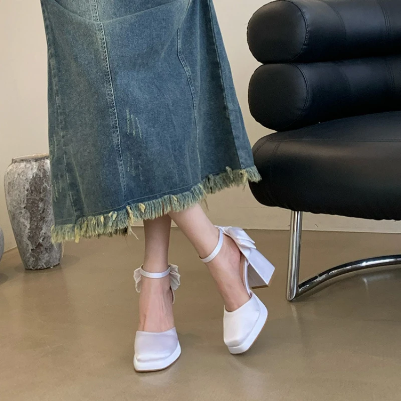 White Platform Pumps Mary Jane Shoes Women Satin Chunky High Heels Sandals Bowknot Square toe Ankle Strap Luxury Female Shoes