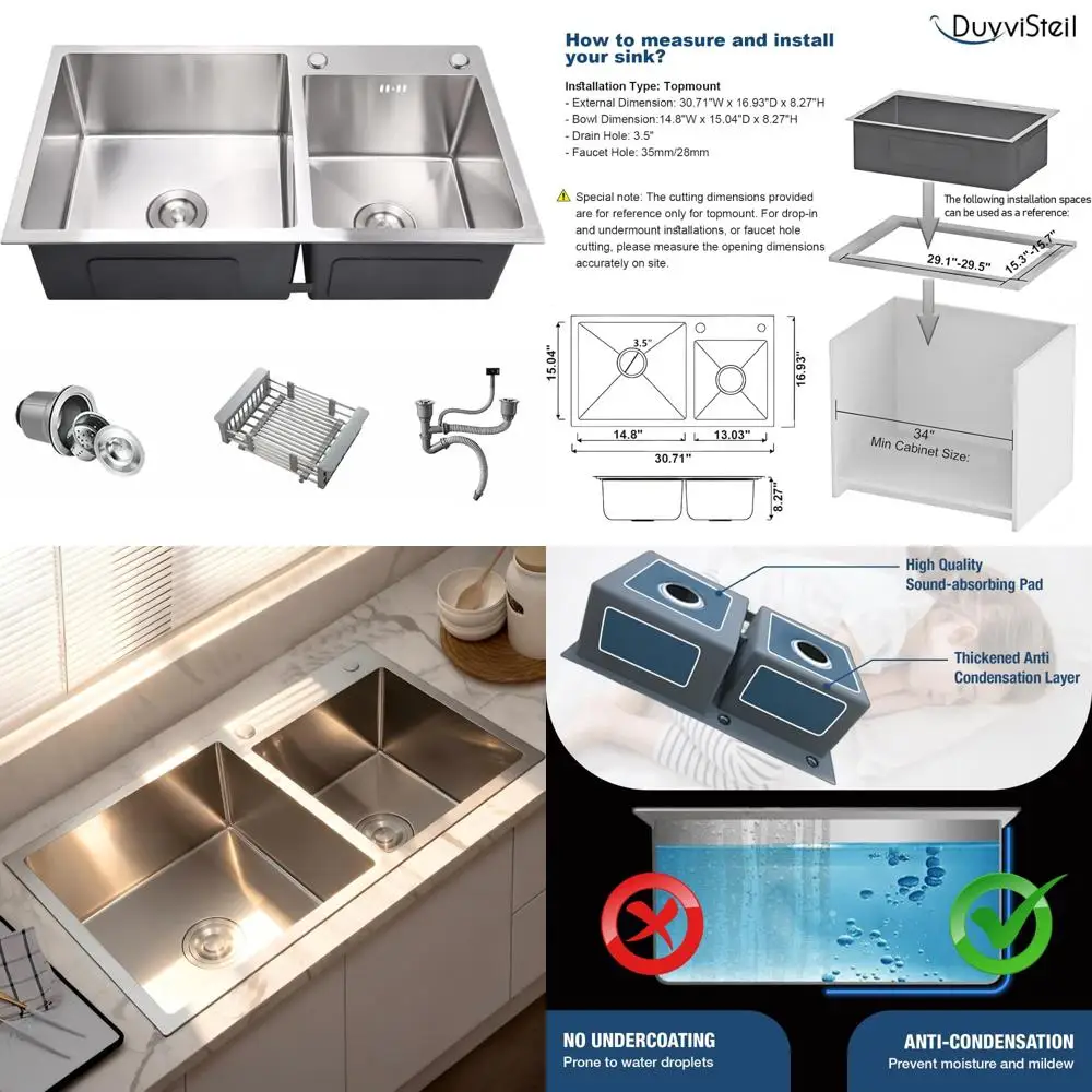 حوض مطبخ مزدوج من الفولاذ المقاوم للصدأ مقاس 30 بوصة مع طلاء نانو وملحقات لتركيب السقوط/التركيب العلوي