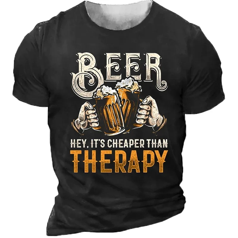 Fashion Summer Men Vintage Beer Pattern T-Shirt European And American Trend Personality Classic Printed Round Neck Short Sleeve