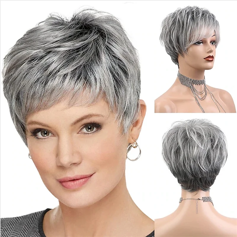 HAIRJOY Synthetic Hair Short Curly Pixie Cut Wigs for Women Pretty Short Gray Wigs Easy Care Wigs