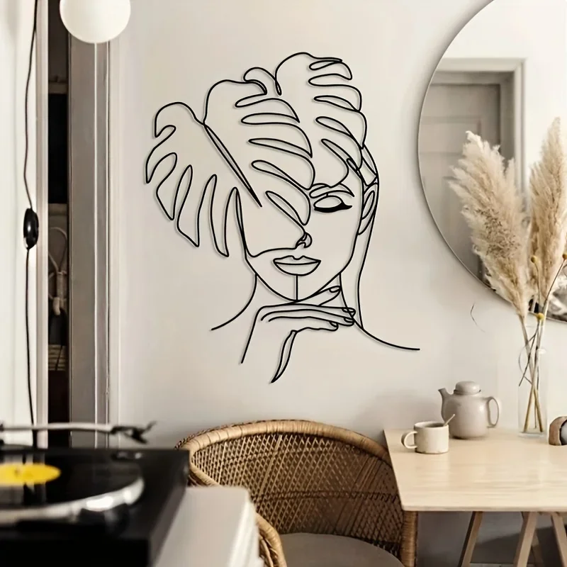 HelloYoung Minimalist Metal Wall Art, Geometric Line Leaf Beauty, Female Metal Wall, Wall Hanging Decoration, Women\'s Room Decor