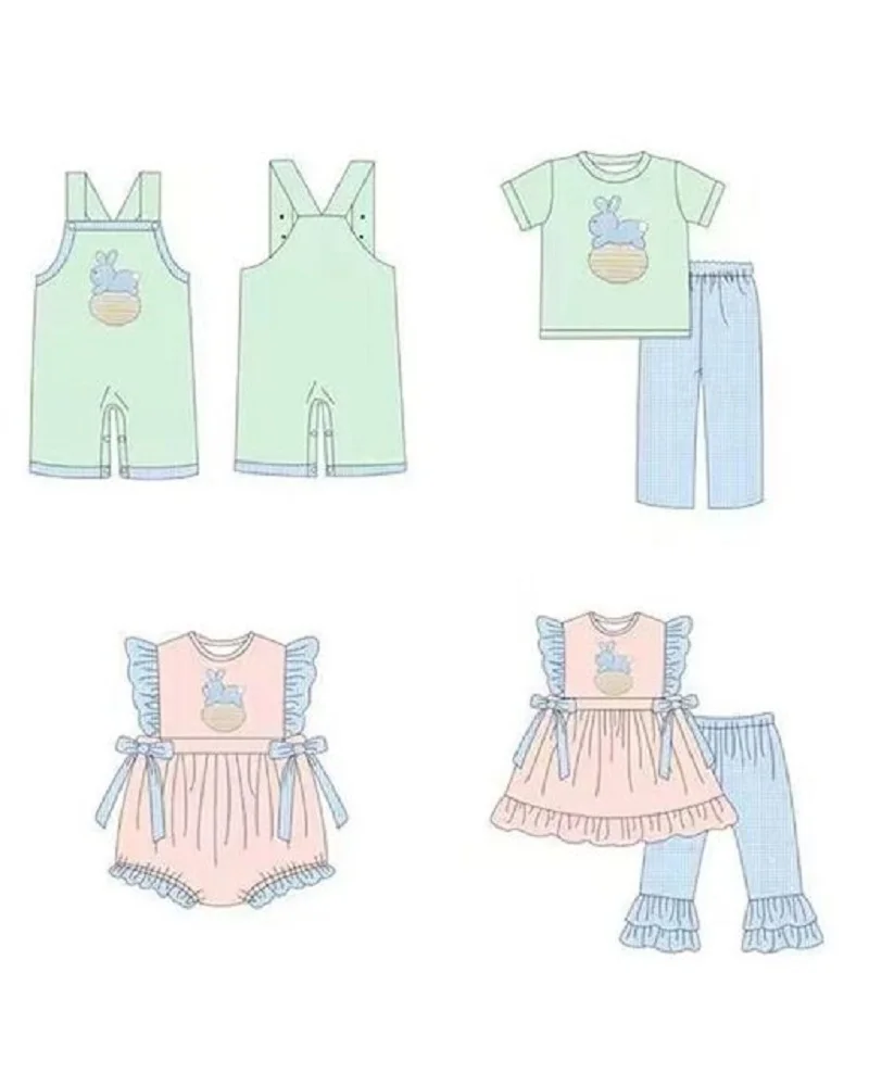 New design hot rabbit print baby four-piece green back pants baby jumpsuit girl small flying sleeve