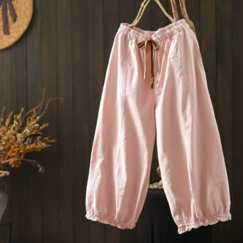 Women Summer New Sweet Mori Girl Candy Color Cotton Straight Pants Drawstring Elastic Waist Casual Loose Wide Leg Pants
