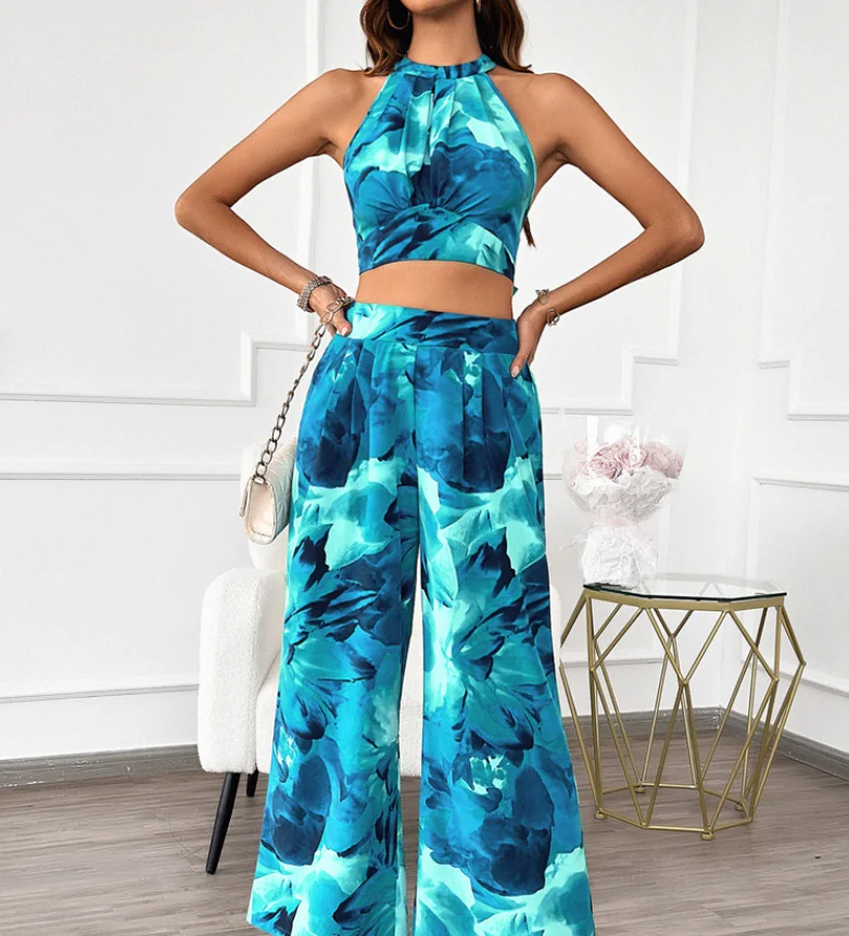 

Women's Two Piece Sets Summer Outfits Casual Commuting Vacation Contrasting Halter Crop Tank Top & Wide Leg Pants Set for Women