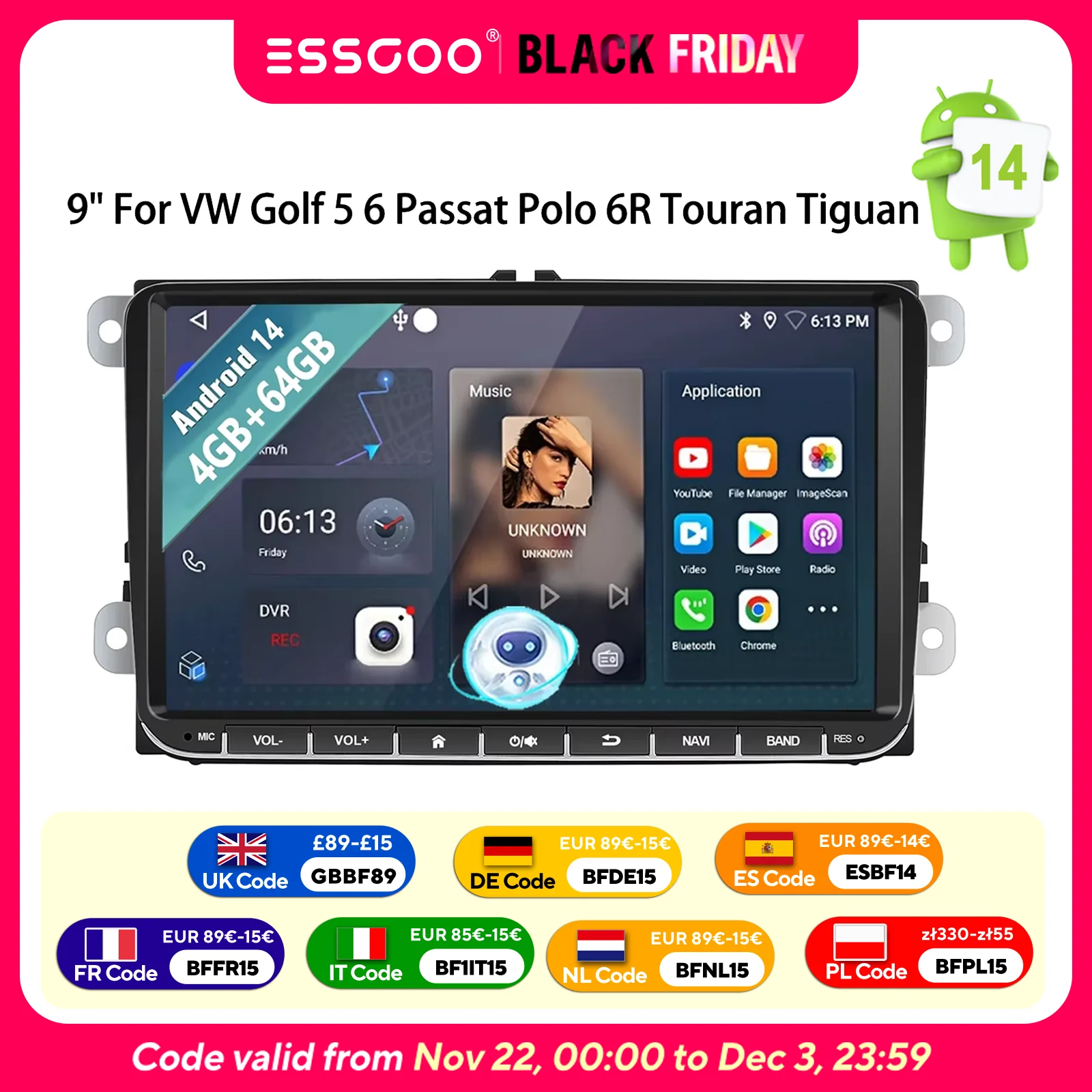 ESSGOO Android 14 Autoradio 9" 4GB+64GB für VW Golf MK5 MK6 Passat Polo Touran Tiguan Caddy EOS Jetta T5 Seat Skoda WIFI Wireless CarPlay GPS Navigation FM Bluetooth RDS Lenkradsteuerung Mirror Link