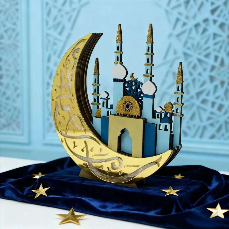 Wooden LED Moon Ornament - Middle Eastern Festival Craft Decor for Home Gift Display