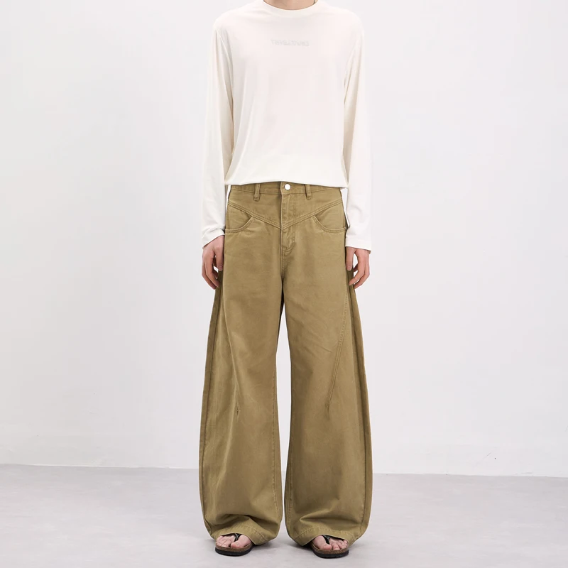 

Светло-серые мужские брюки с изогнутым низом, в американском стиле, с эффектом потертости, модные, свободные, широкие, длинные, 2026, шикарная новинка