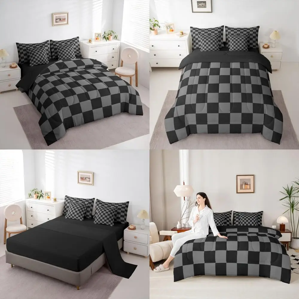

King Size 7-Piece Black Grey Plaid Bedding Set for Kids and Adults - Geometric Vintage Style Bed in a Bag with Quilted Lightweig