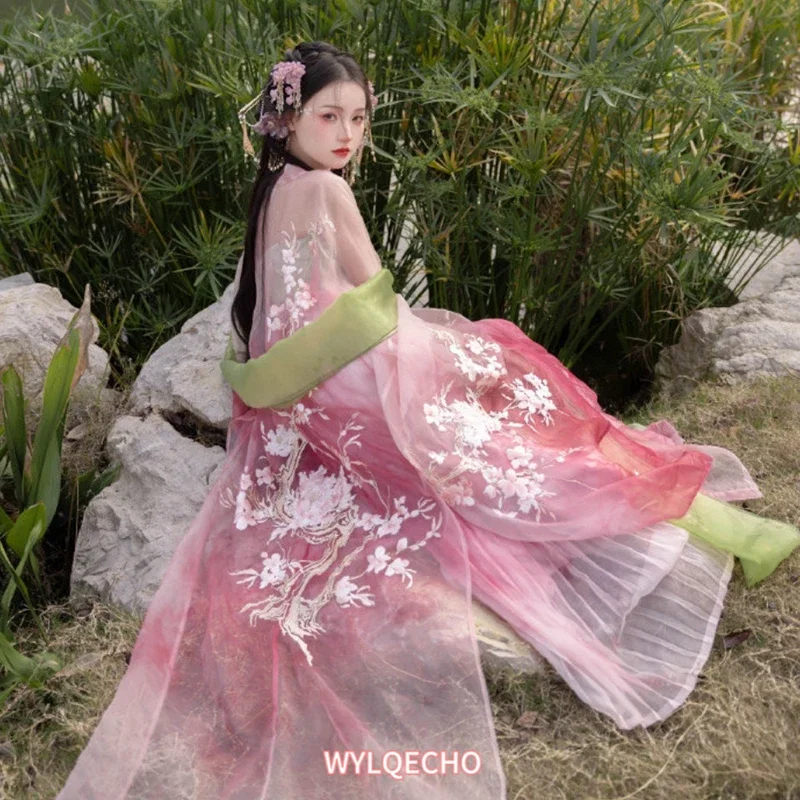 Hanfu baju bordir Vintage wanita, pakaian Cosplay karnaval China, setelan baju Hanfu Vintage, bordir High-end, baju gradien merah muda, untuk wanita