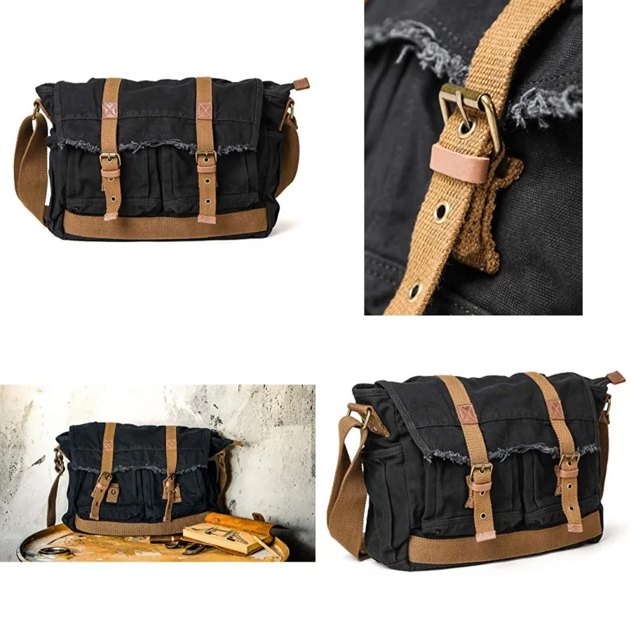 

GOOTIUM Canvas Messenger Bag - Vintage Shoulder Bag Frayed Style Boho Purse