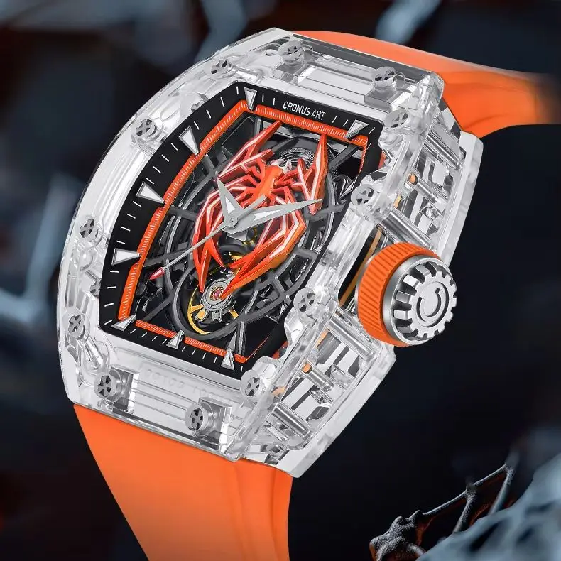 

CRONUSART Мужские автоматические часы 50 мм * 42 мм Механические наручные часы Tonneau Акриловый корпус Светящийся циферблат со скелетом и пауком