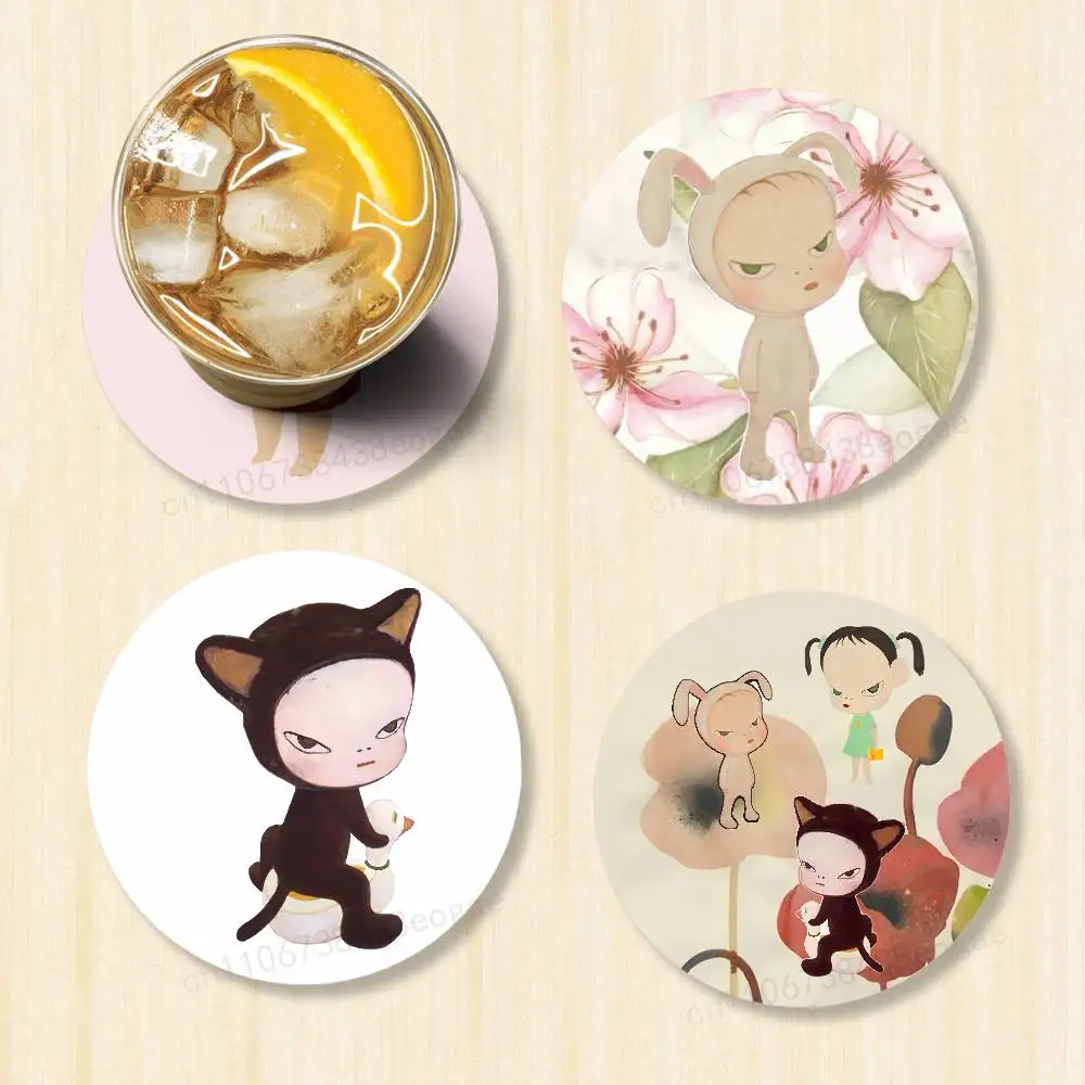 Y-Yoshitomo N-Nara A-Art Round Wooden Coasters Suitable for Drinks Tea,Coffee for anti-slip decoration in bars and cafes