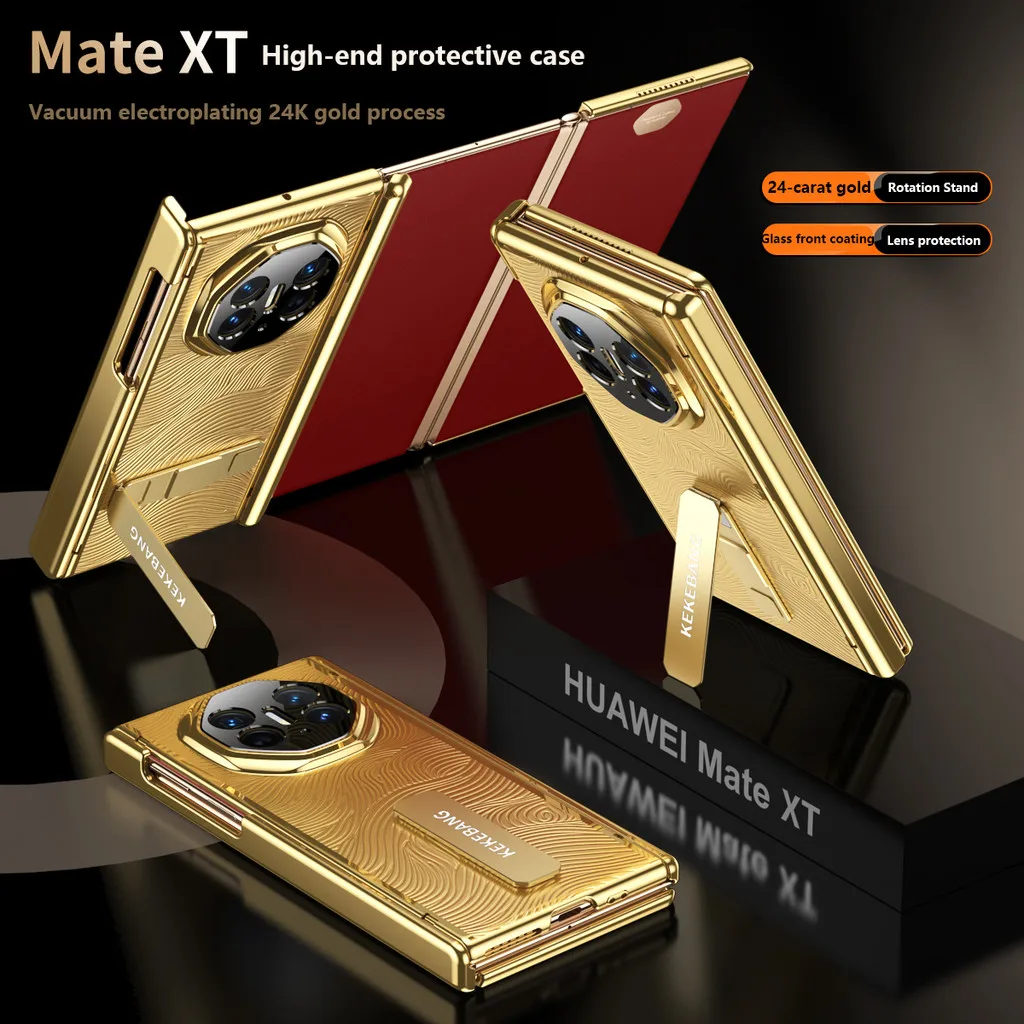 

High-end 24K Gold Plating Series For Huawei Mate XT Ultimate Case 360 ° Alloy Rotation Stand Cover With Tempered Glass