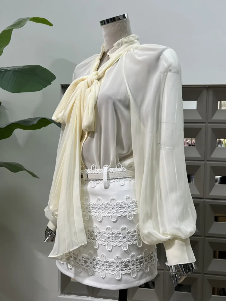 DFDG 2025 Primavera Estate Donna Sheer Manica lunga Nastro Cravatta Camicetta Gonna aderente Set Designer minimalista Office Beach Outfit