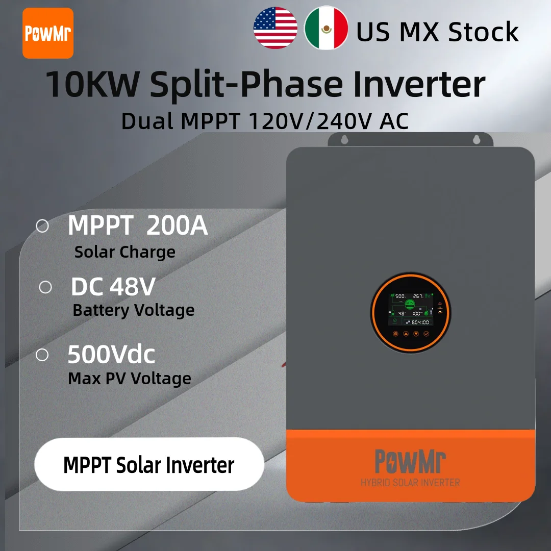 

PowMr 10 кВт двойной раздельнофазный солнечный инвертор MPPT с зарядкой MPPT 200 А от 48 В до 120 В/240 В переменного тока, подходит для гибридного инвертора аккумулятора LiFePO4