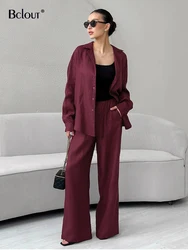 Bclout Autumn Wine Red Linen Pants Sets Women 2024 Pieces Elegant Long Sleeve Loose Blouses Fashion Wide Leg Pants Suits Outfits