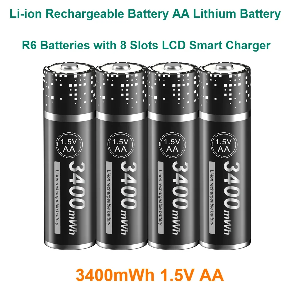 

Li-ion Rechargeable Battery AA Lithium Battery R6 Batteries with 8 Slots LCD Smart Charger High Capacity 3400mWh 1.5V AA Digital