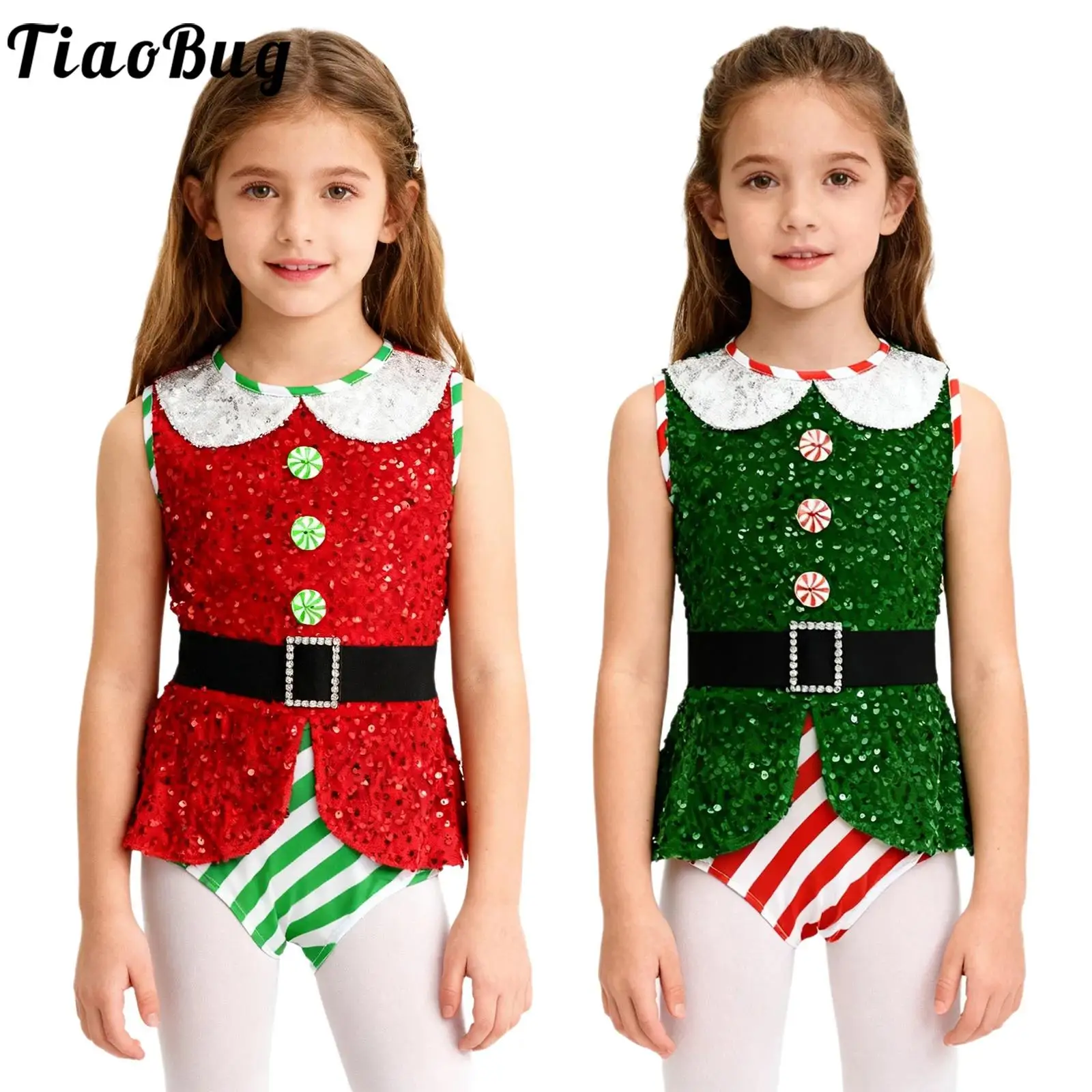 Traje de baile de elfo de Navidad para niñas, leotardo, vestidos de Ballet gimnásticos, mono sin mangas con lentejuelas brillantes, mono y cinturón