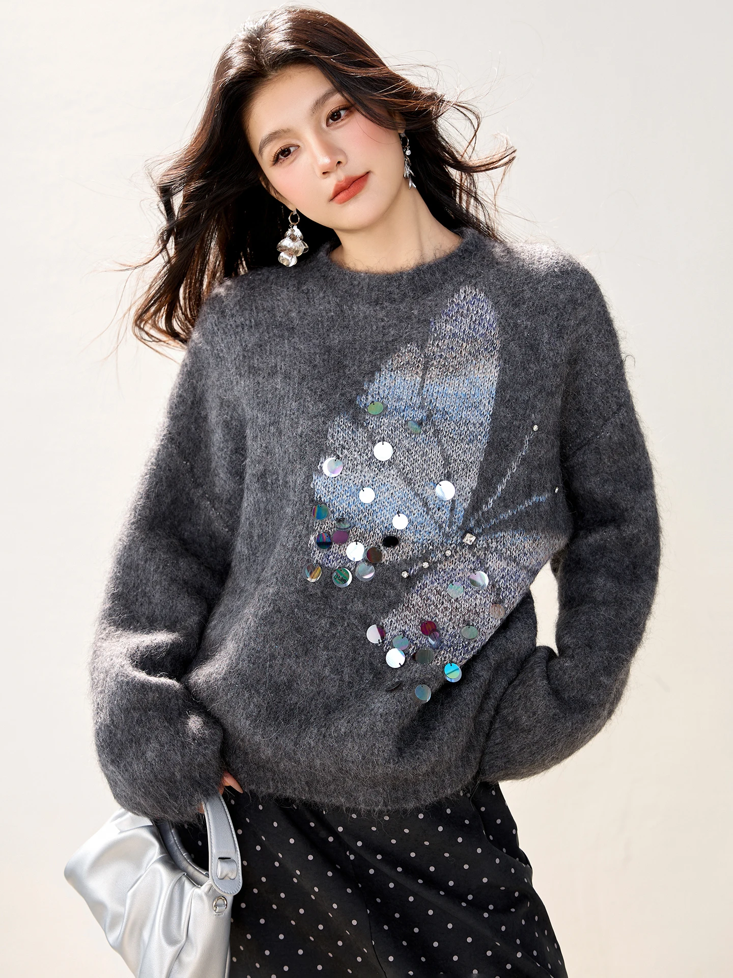 

Korean Fashion Butterfly Jacquard Sequin Knitted Sweater Women's Autumn Winter Pullovers Loose Fit Jumper Tops F483