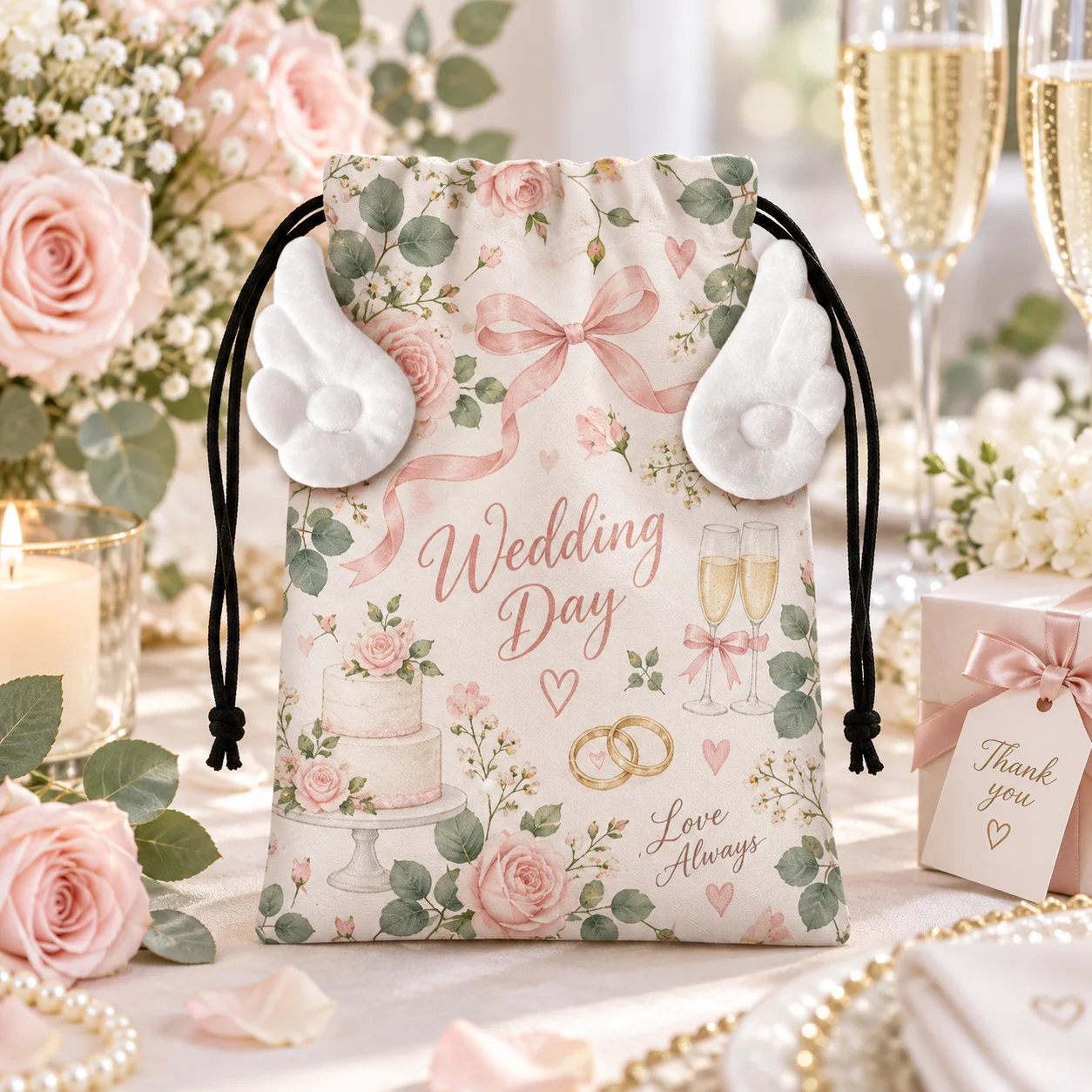 Custom Photo Drawstring Bag 13x18cm Personalized Gift Pouch with Angel Wings, Reusable Polyester Storage Sack for Party Favors