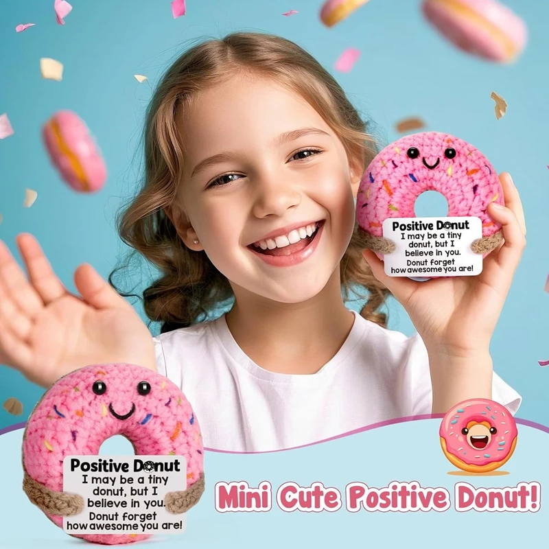 Funny Positive Crochet Doughnut with Card Emotional Support Handmade Knitted Dolls Desktop Ornament Home Decor Gifts for Friend