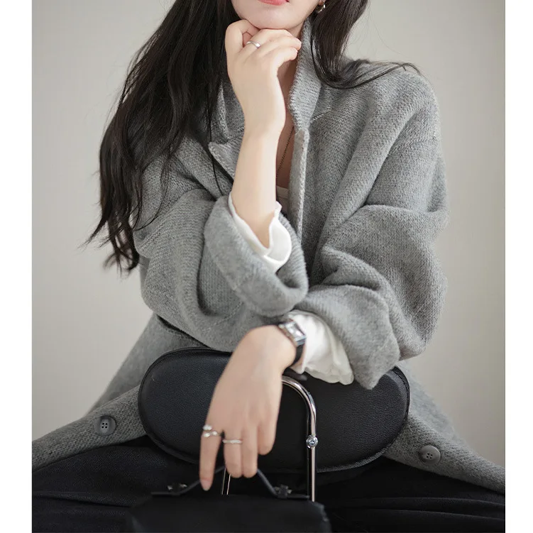 Premium gray wool coat, women's high-end loose suit woolen jacket temperament women's clothing, double-sided cashmere