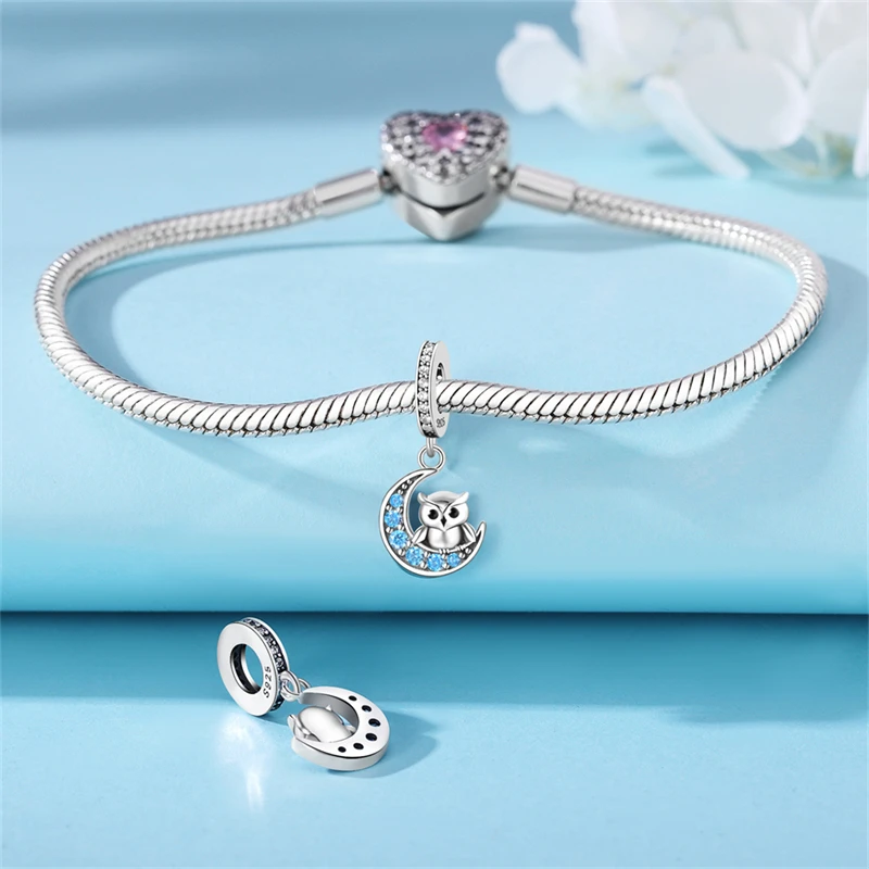 Moon owl Baby 925 Sterling Silver Plated Fit Pandora Charms Original Bracelet for Jewelry Making Women Evening Party Gifts