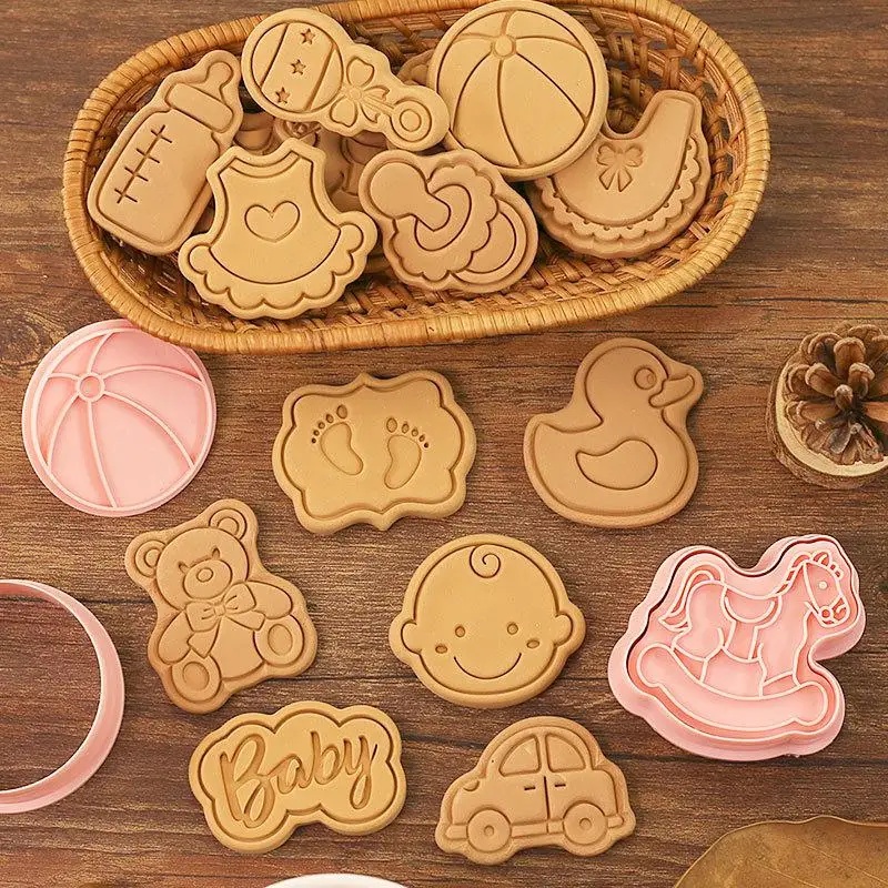 8 Pcs Food Safe Plastic Cookie Stamps 3D Cute Cartoon Press Type Cutters for Kids Snack Pastry Baking DIY