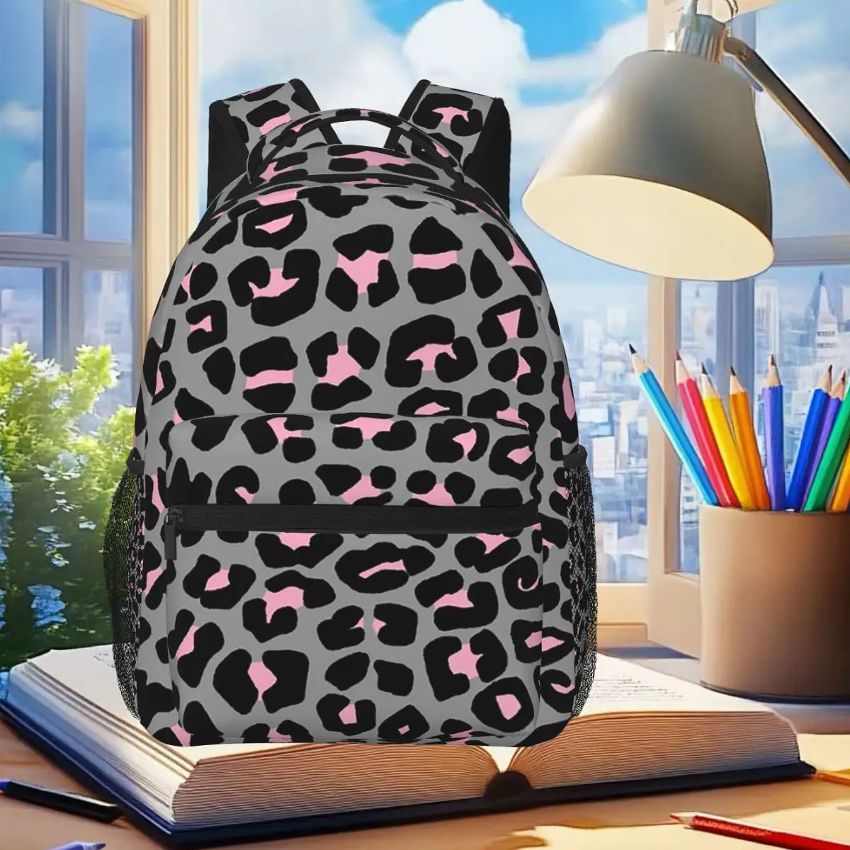 

Grey Leopard Print And Cheetah Spot Backpack Student Boys Girls BookBag Kids School Bag Laptop Shoulder Bags for Men Women