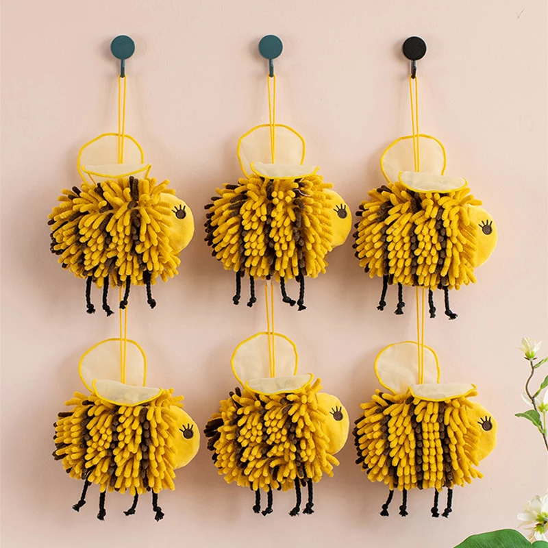 Cute Bee Shape Hand Towel with Wings Hanging Striped Color Blocking Soft Chenille Wipe Plush Kids Handkerchiefs Terry Towels