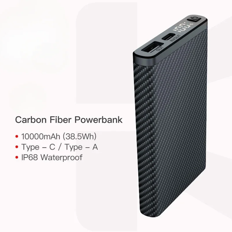 10000mAh Capacity IP68 Waterproof 22.5W Fast Charging Type-C/Type-A Carbon Fiber Lightweight Waterproof Powerbank