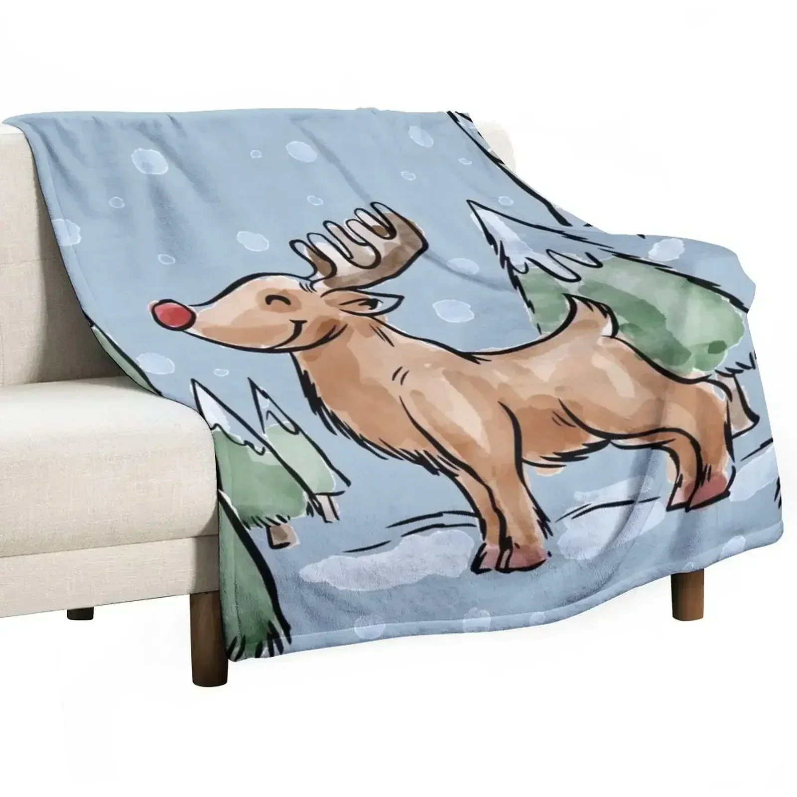 Watercolor Painting of Red Nose Reindeer in Christmas Snow Throw Blanket Multi-Purpose Kid'S blankets and throws Baby Blankets