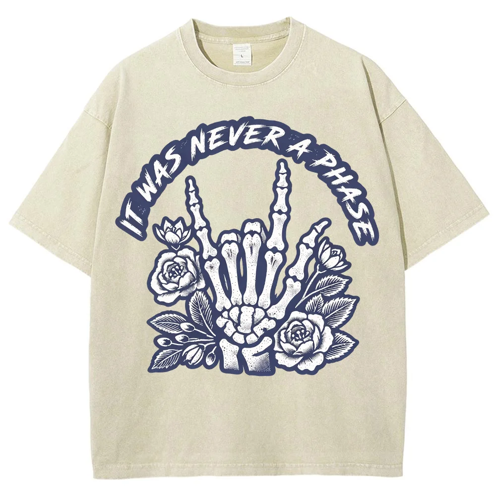 Mens It Was Never A Phase Skeleton Hand Graphic T Shirts Rock Gesture Rose Print Gothic Grunge Casual Short Sleeve Top