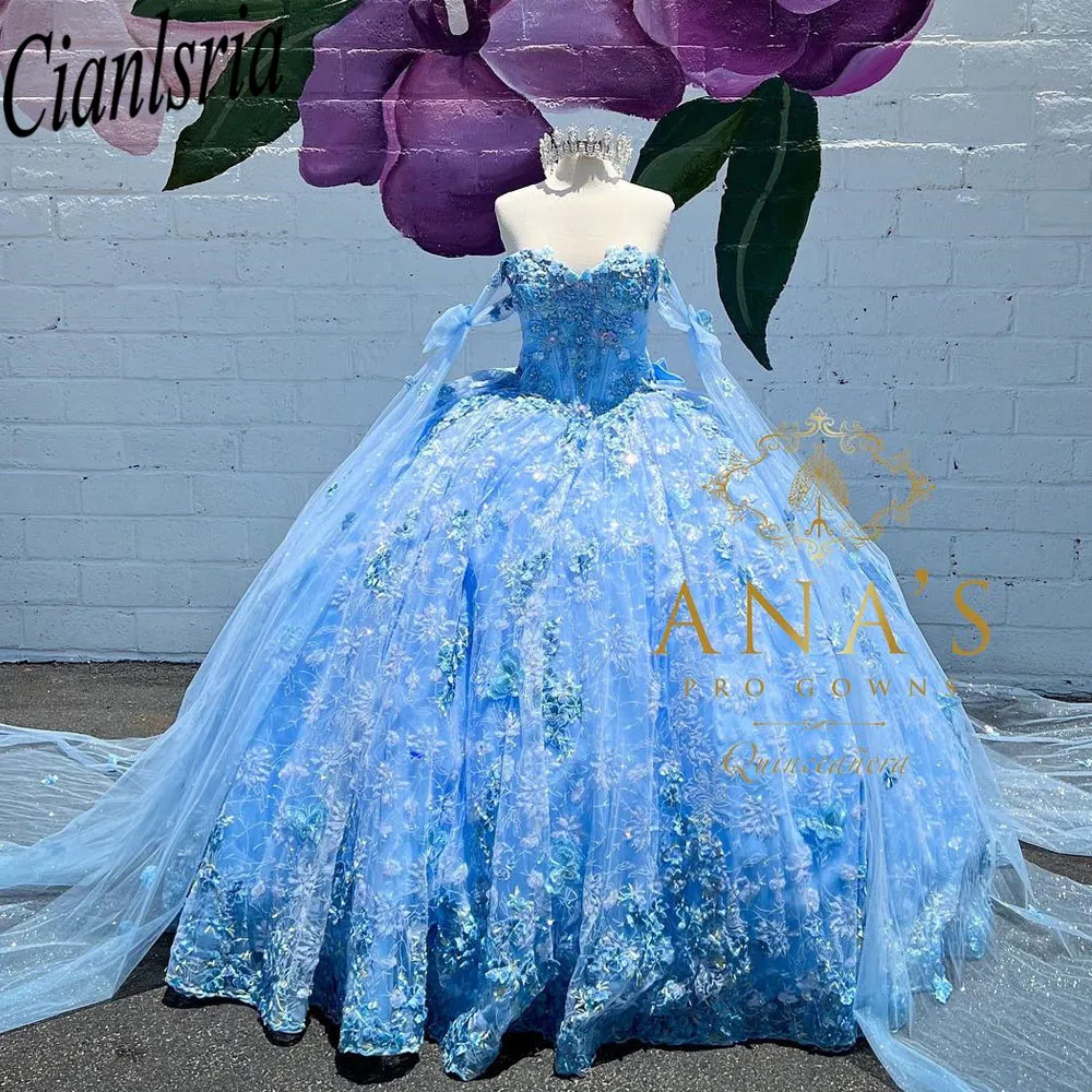 Блестящее небесно-Голубое Бальное платье принцессы, платья для Quinceanera 2023, аппликации на тонких бретелях, милое блестящее платье 15 лет