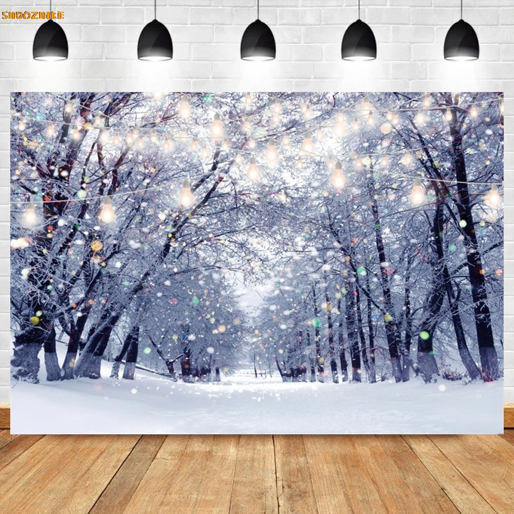 

Winter Forest Tree Shiny Bulb Light Snow Polka Dots Party Scenic Photo Background Christmas Photographic Backdrop Photo Studio