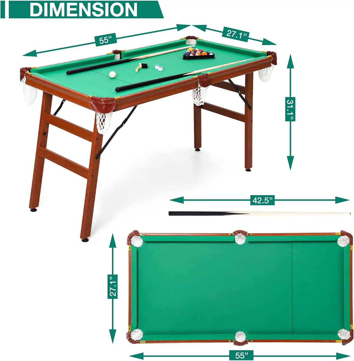 4.5 ft Folding Billiards Table Portable Foldable Billiards Table for Kids and Adults Pool Game Table with 2 Cue Sticks