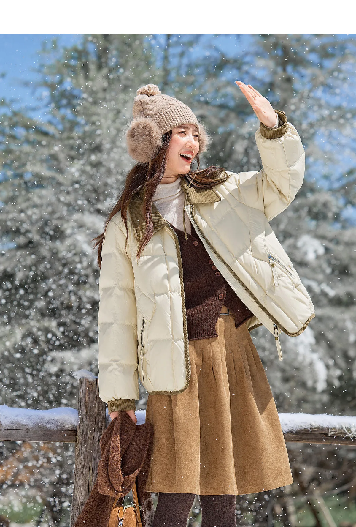 SENTUBILA 90% White Duck Down Jacket Women's 2026 Color Contrast Lapel Zip Pocket Coat Winter Loose Warm Outerwear W64YC7611