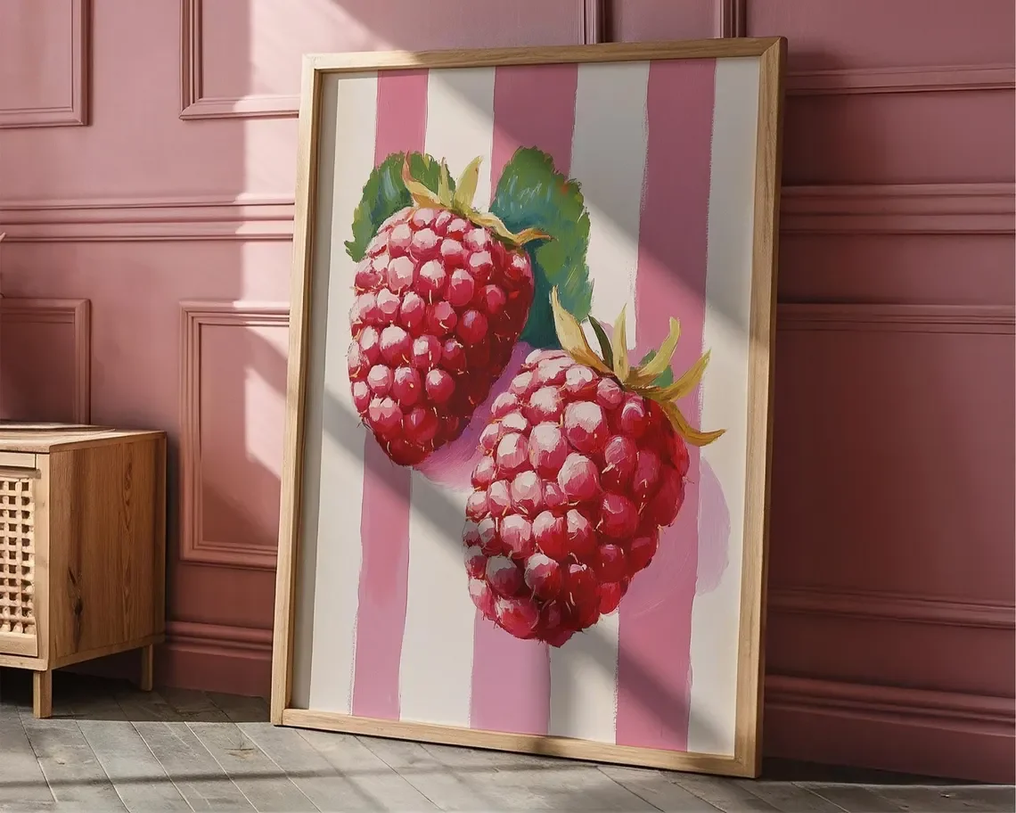 Wanddekoration mit Himbeeren auf rosa Streifen – lebendige Küchenkunst für Küchenakzente, Wanddekoration im Esszimmer oder als Dekoration für Feinschmecker