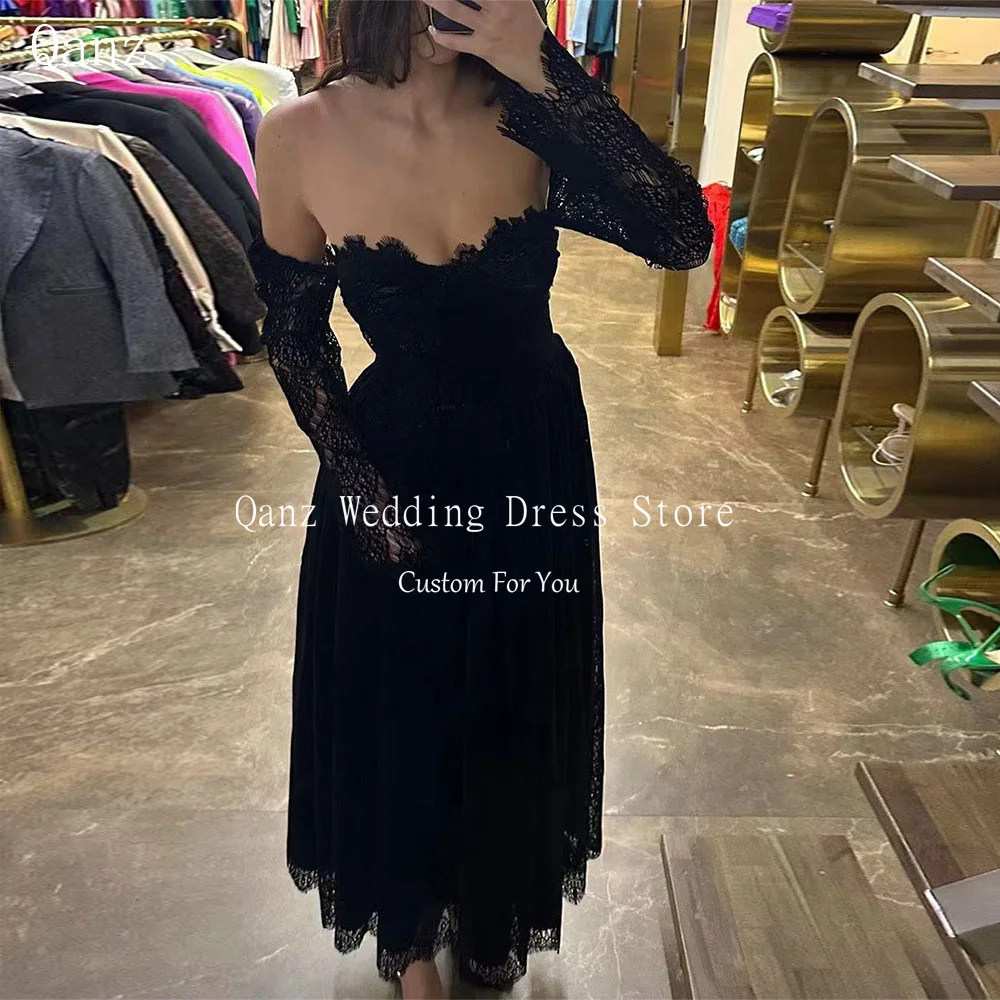 Qanz Black Full Lace Prom Dress Sweetheart Long Seeves Ankle Length Vestidos De Fiesta A Line Robe De Soirée Femmes Customized