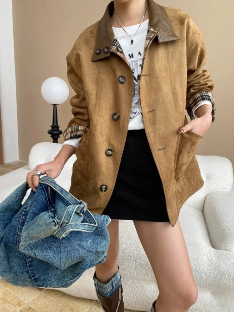 

2025 ранняя осень, новые универсальные простые топы Mujer, куртка из искусственной кожи с лацканами и воротником, винтажное модное двустороннее пальто для женщин